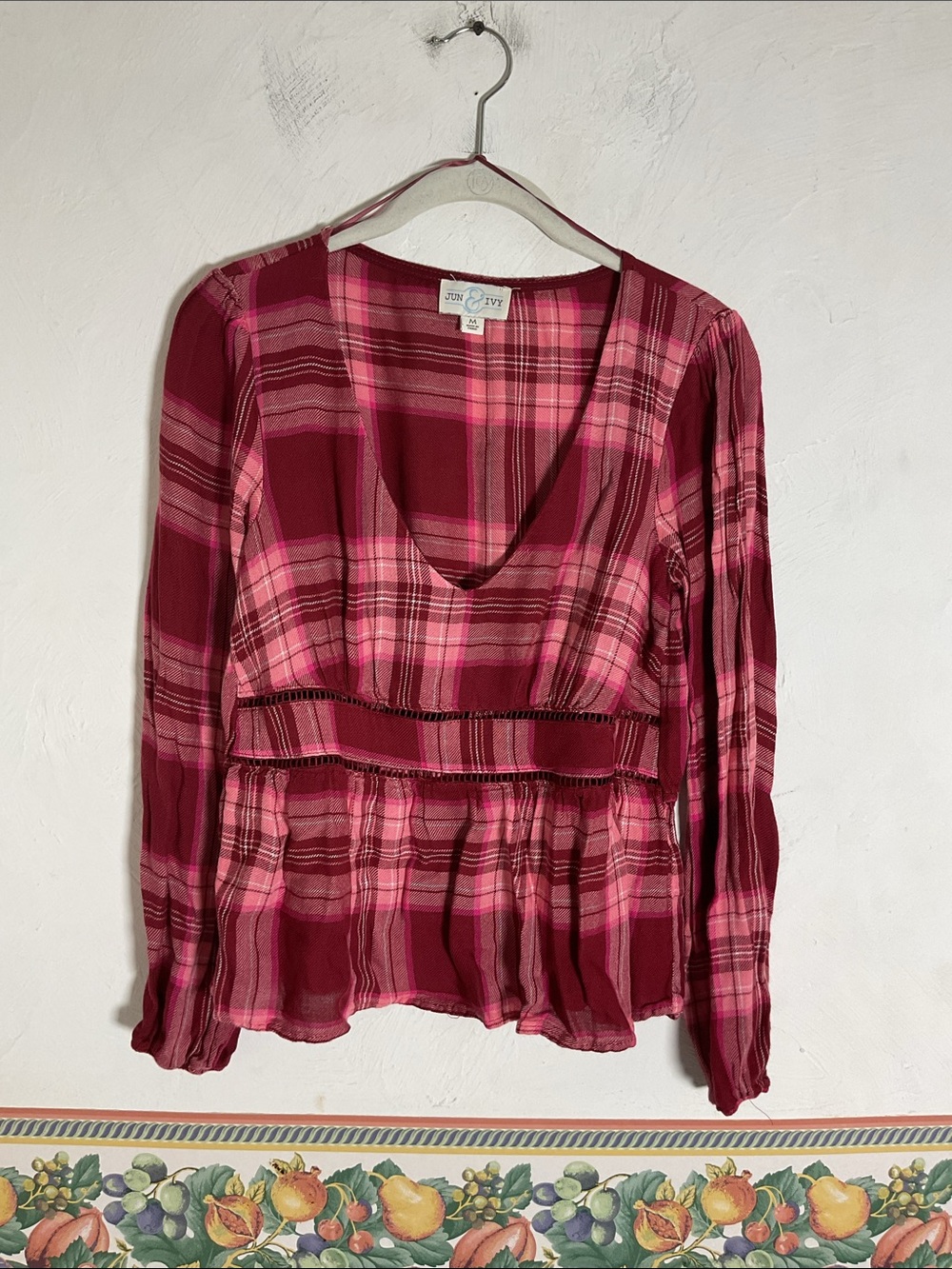Jun & Ivy Pink Plaid Deep V Crochet Trim Peplum Top Size M